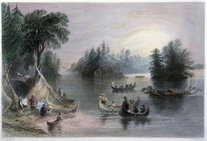 Indiska tipis och kanoter, Banks of the St Laurent - i "" kanadensiskt landskap illustrerad" av W.H. Bartlett, London av William Henry Bartlett