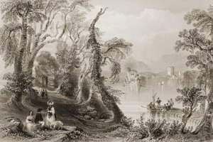 Innisfallen, Killarney Lake, County Killarney, från "Scenery and Antiquities of Ireland" av George Virtue, 1860-talet av William Henry Bartlett