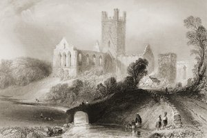 Jerpoint Abbey, County Kilkenny, Irland, från "Scenery and Antiquities of Ireland" av George Virtue, 1860-talet av William Henry Bartlett