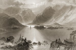 Killary Harbour, County Mayo, Irland, från "Scenery and Antiquities of Ireland" av George Virtue, 1860-talet av William Henry Bartlett