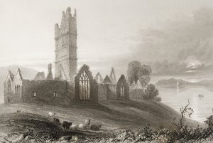 Moyne Abbey, County Mayo, Irland, från "Scenery and Antiquities of Ireland" av George Virtue, 1860-talet av William Henry Bartlett