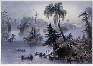Scen bland de tusen öarna: Camp and Boats, Mille îles - i "" Kanadensiskt landskap illustrerad" av Bartlett W. H. av William Henry Bartlett