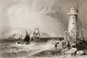 South Wall Lighthouse med Howth Hill in the Distance, Dublin, från "Scenery and Antiquities of Ireland" av George Virtue, 1860-talet av William Henry Bartlett