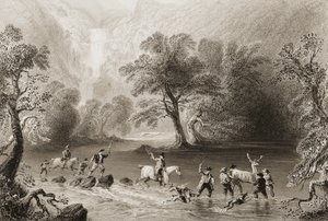 Att ta en svensexa nära Derrycunnihy Cascade, County Kerry, Irland, från "Scenery and Antiquities of Ireland" av George Virtue, 1860-talet (gravyr) av William Henry Bartlett