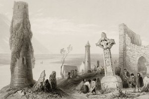 The Ancient Cross and Round Tower i Clonmacnois, County Offaly, Irland, från "Scenery and Antiquities of Ireland" (se 131074) av William Henry Bartlett