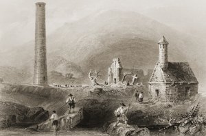 The Ruins at Glendalough, County Wicklow, Irland, från "Scenery and Antiquities of Ireland" av George Virtue, 1860-talet av William Henry Bartlett