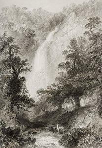 Vattenfallet, Powerscourt, County Wicklow, Irland, från "Scenery and Antiquities of Ireland" av George Virtue, 1860-talet av William Henry Bartlett