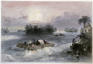 Transport av trä och forsar till byn Cedars - i "" kanadensiskt landskap illustrerad" av Bartlett W. H. av William Henry Bartlett