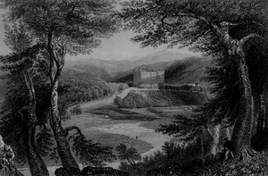 Utsikt över Drumlanrig Castle, Dumfriesshire av William Henry Bartlett