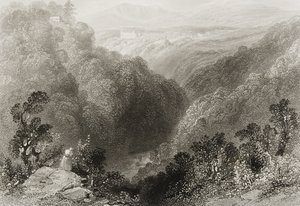 Vy över Powerscourt från Dargle, County Wicklow, från "Scenery and Antiquities of Ireland" av George Virtue, 1860-talet av William Henry Bartlett