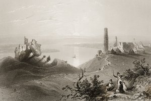 Utsikt över "Seven Churches of Clonmacnois", County Offaly, Irland, från "Scenery and Antiquities in Ireland" av George Virtue, 1860-talet av William Henry Bartlett