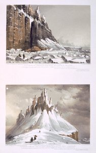 N.Ö. Kap Amerika och en del av Leopold Island (överst) och klippornas slut vid Whaler Point, Port Leopold (nederst) från "Ten Coloured Views taken during the Arctic Expedition of Her Majesty" (Tio färgbilder tagna under Hennes Majestäts arktiska expedition