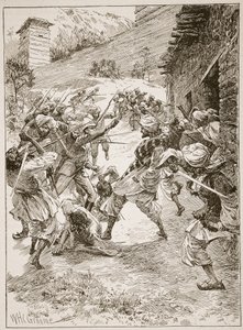 Löjtnant Harley, i spetsen för fyrtio sikher och sextio kashmirer, rusade huset över gruvans mynning, illustration från "Battles of the Nineteenth Century" av Archibald Forbes, G.A. Henty an av William Henry Charles Groome