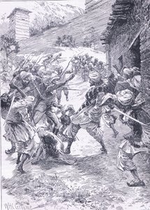 Löjtnant Harley leder sorten från Fort Chitral, illustration från Cassells History of England, 1900-talet av William Henry Charles Groome