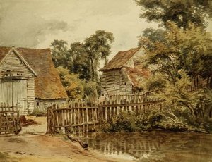 Gårdsgård med damm (akvarell på papper) av William Henry Hunt