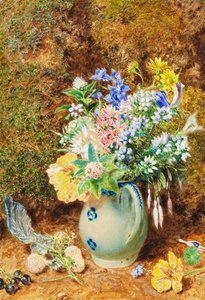 Blekblå porslinskanna med hedar och små blommor, ca 1860
