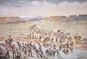 Mormoners handkärrepionjärer på väg västerut till Utah 1850 (färg litho)