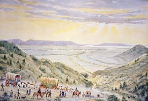 Mormoner som stiger ner i Little Mountain till Salt Lake City, Utah (färg litho)