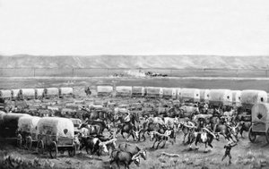 Oxar som hängs upp i en inhägnad av täckta vagnar i en målning av W. H. Jackson, Scotts Bluff, Nebraska: c. 1875