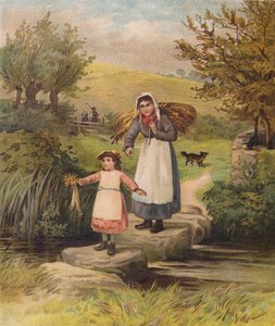 Kvinna och flicka korsar en bäck över trappstenar (chromolitho)