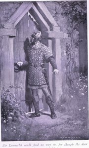 Sir Launcelot kunde inte hitta någon väg in, för även om dörren var gammal och sliten höll den fast av William Henry Margetson