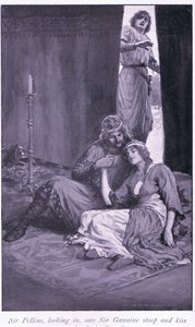 Sir Pelleas, som tittade in, såg sir Gawaine buga sig ner och kyssa lady Ettard. av William Henry Margetson