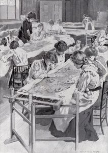 Elever från Royal School of Art Handarbete som broderar Kings Coronation Robe av William Henry Margetson
