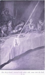 Den heliga gralen, täckt med vitt siden, kom in i hallen av William Henry Margetson