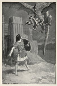 Draken sjönk mot honom och öppnade sina fruktansvärda käkar, från "Hero Myths and Legends of the British Race" av M.I. Ebbutt, 1910 av William Henry Margetson