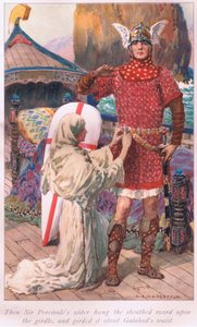 Då hängde Sir Percivales syster det skidda svärdet på bältet och band det om Galahads midja. av William Henry Margetson