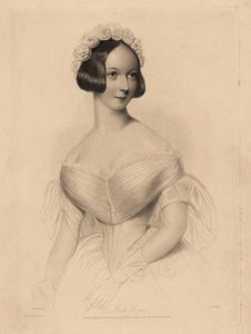 Miss Gore. I off-the-shoulder klänning med tight midja, hår dekorerat med en krans av rosor. Stålstiftsgravyr av William Henry Mote efter en illustration av William Drummond från Charles Heath