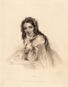 Porträtt av Amy. Skönhet bär en slöja över långt hår, hermelin-trimmad off-the-shoulder klänning, håller ett pärlhalsband. Stålstiftsgravyr av William Henry Mote efter en illustration av John Hayter från Charles Heath