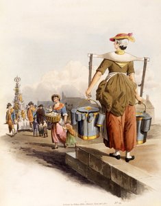 En mjölkflicka, från The Costumes of Great Britain, pub. By Henry Miller, 1805 (handkolorerat tryck) av William Henry Pyne