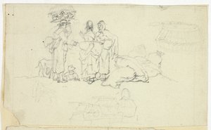 Figurer med marknadsvaror och tre skisser av William Henry Pyne
