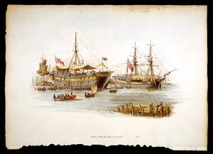 Fängelset skickar hulkar eller tenderar i Themsen utanför Towern i London, 1805