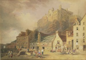 Edinburgh Castle från Grass Market, som visar Little West Port, ca 1820 (wc och sepia) av William Henry Stothard