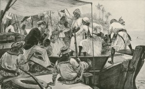 En brittisk sjöofficer som ser över en arabisk slav Dhow (litho) av William Heysham (after) Overend