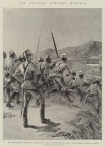 Framryckningen mot Dongola, den brittiske officer som befälhavare för en negerbataljon från 11:e soudanesiska regementet som såg sina män gå ombord på Shellal, den 18 mars (litho) av William Heysham (after) Overend