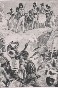 Carmichaels anhängare sköt en salva in i det täta klustret av män: Slaget vid Bharatpur 1826, illustration från British Battles on Land and Sea, 1915