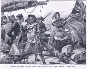Kinesiska officerare drar ner den brittiska flaggan på "pilen" 1856 AD