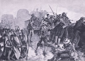 Att försvara ett lager mot en zuluattack, illustration från brittiska striderna på land och hav, 1915