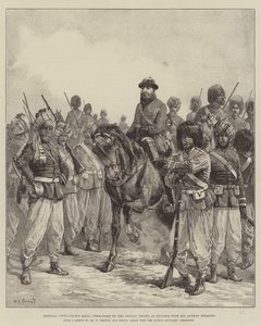 General Ghous-ud-din Khan, befälhavare för de afghanska trupperna i Penjdeh, med sina afghanska soldater.