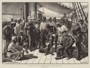 Mr Stanley och några av hans afrikanska följare ombord på HMS Industry av William Heysham Overend