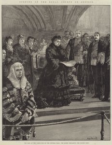 Invigning av Royal Courts of Justice, Dais vid norra änden av Central Hall, Drottningen förklarar domstolen öppna