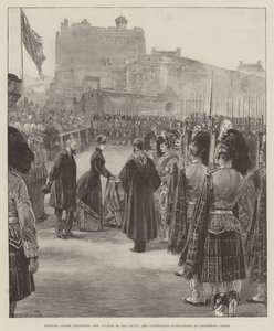 Prinsessan Louise överlämnar nya fanor till Argyll and Sutherland Highlanders vid Edinburgh Castle. av William Heysham Overend