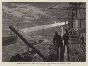 Den brittiska flottan i Marmorasjön söker efter torpedbåtar vid det elektriska ljuset ombord på HMS Agincourt