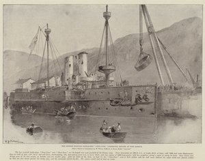 Det kinesiska järnklädda stridsfartyget Chen-Yuen genomgår reparationer i Port Arthur