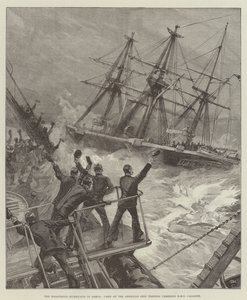Den katastrofala orkanen i Samoa, besättningen på det amerikanska fartyget Trenton hejar på HMS Calliope