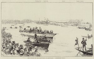 Avslutningen på båtkapplöpningen i Mortlake, Cambridge vinner!