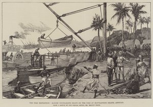 Nilexpeditionen, pråmar som lossar båtar på Nilen vid Elephantine Island, Assouan